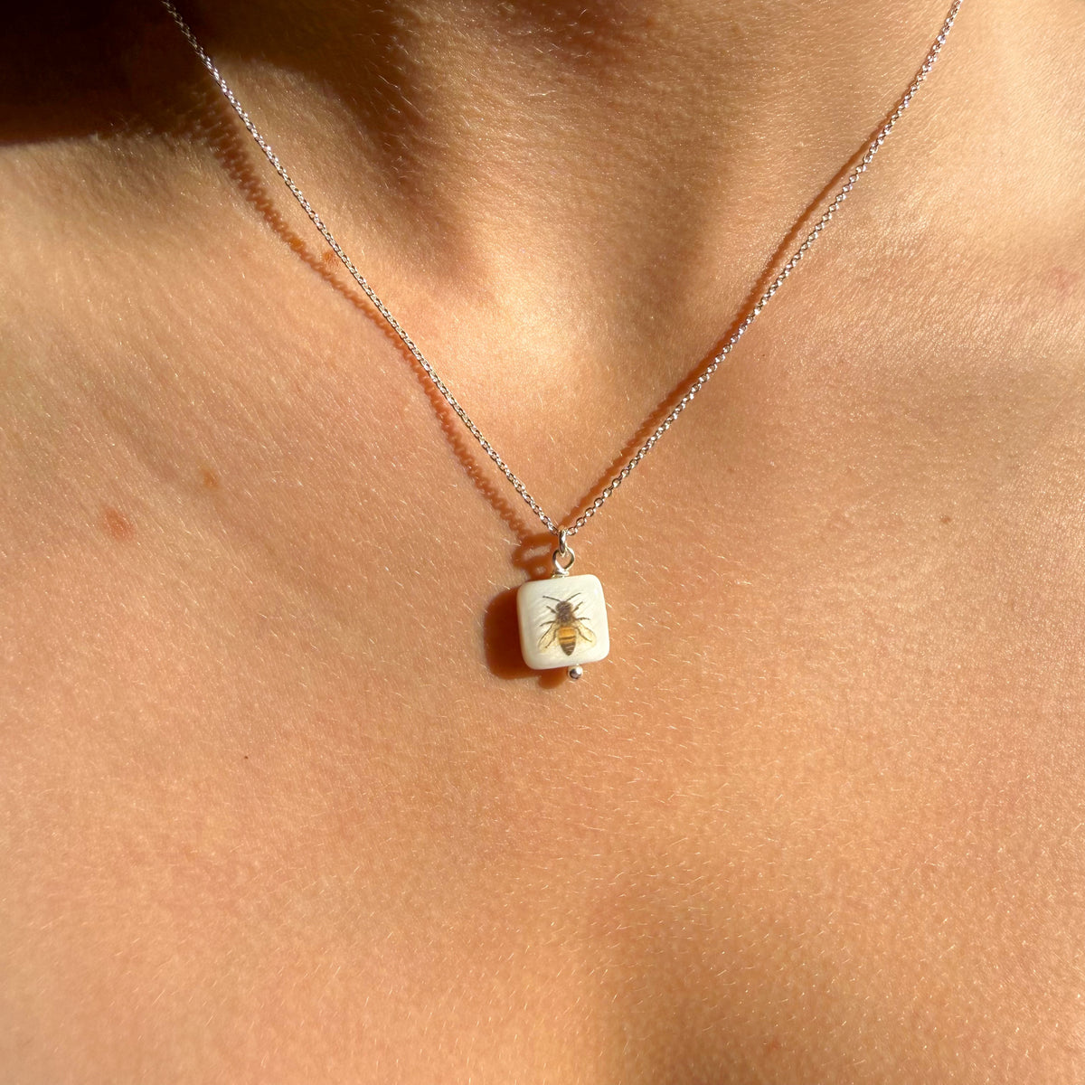Bee square on Sterling silver chain