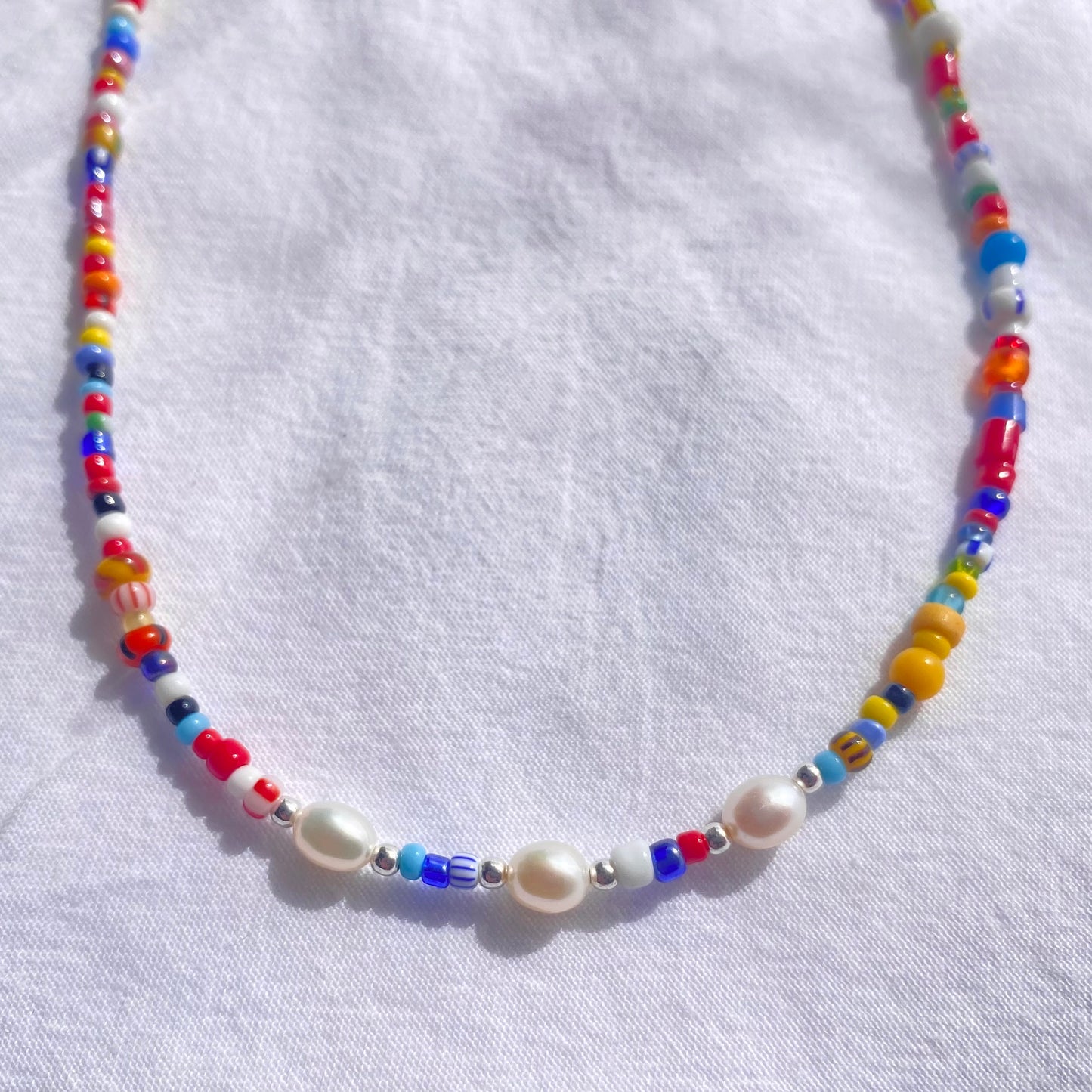 Vintage Christmas African trade beaded necklace with freshwater cultured pearls