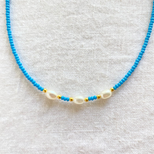 Sea blue beaded necklace with freshwater cultured pearls