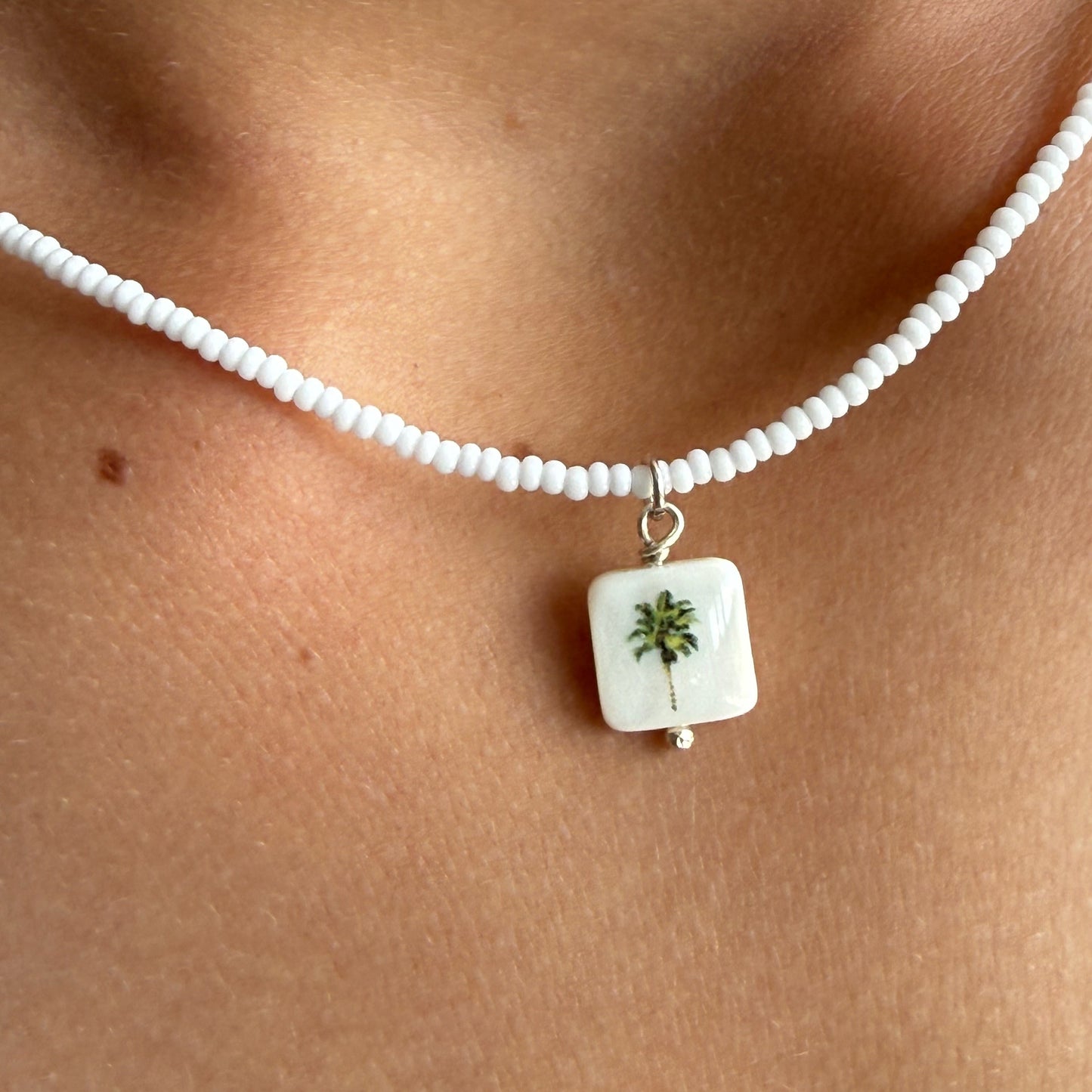Palm Tree on White Glass beaded necklace