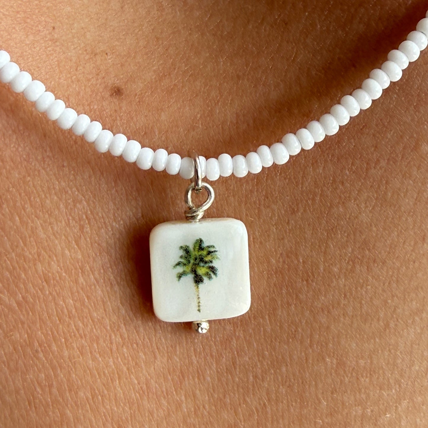 Palm Tree on White Glass beaded necklace