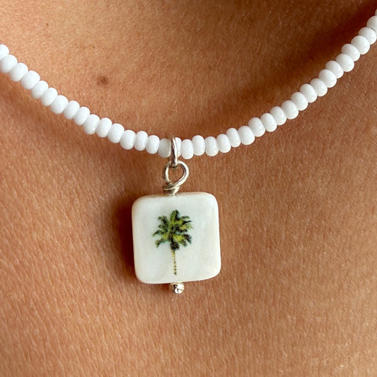 Palm Tree on White Glass beaded necklace