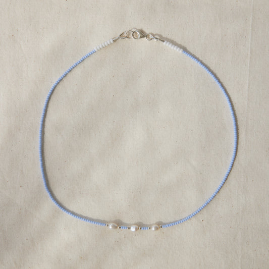 Sky blue beaded necklace with freshwater pearls