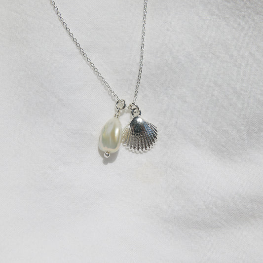 Seashell and freshwater pearl necklace sterling silver