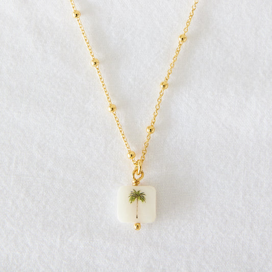 California Palm tree square on 24k Gold plated sterling silver ball chain