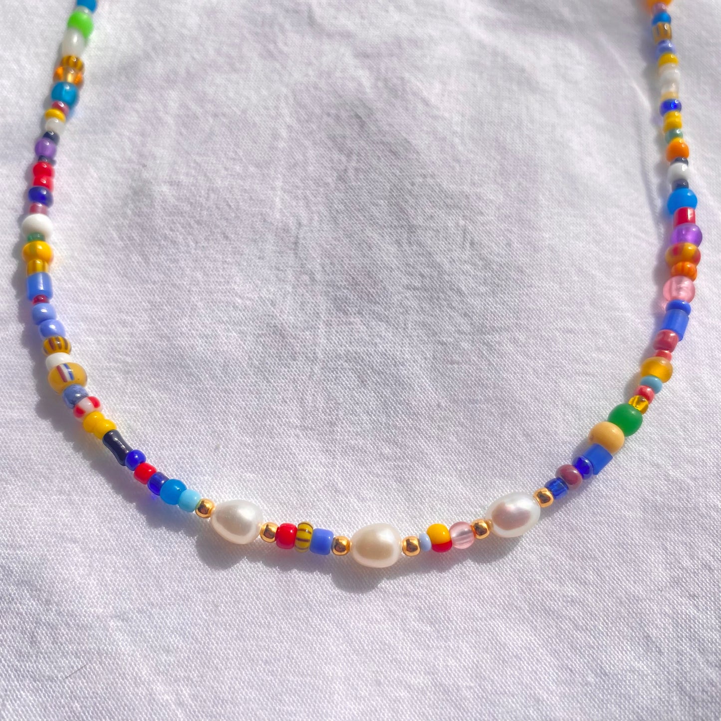 Vintage Christmas African trade beaded necklace with freshwater cultured pearls