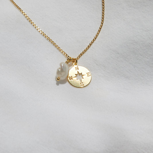 Compass and Freshwater Pearl necklace 24k Gold Plated Sterling Silver