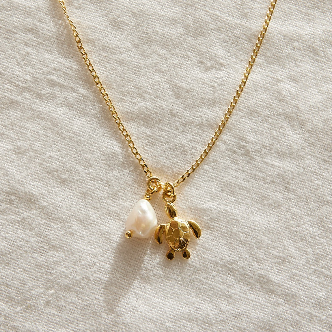 Turtle with freshwater pearl 24k gold plated necklace