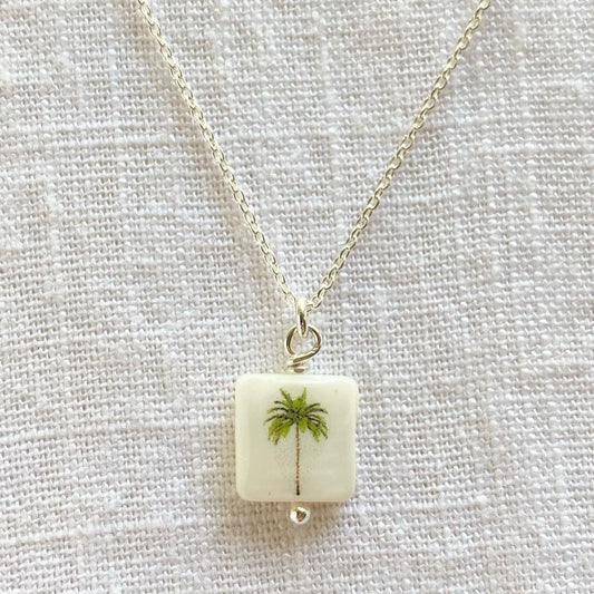 California palm tree necklace square on sterling silver chain