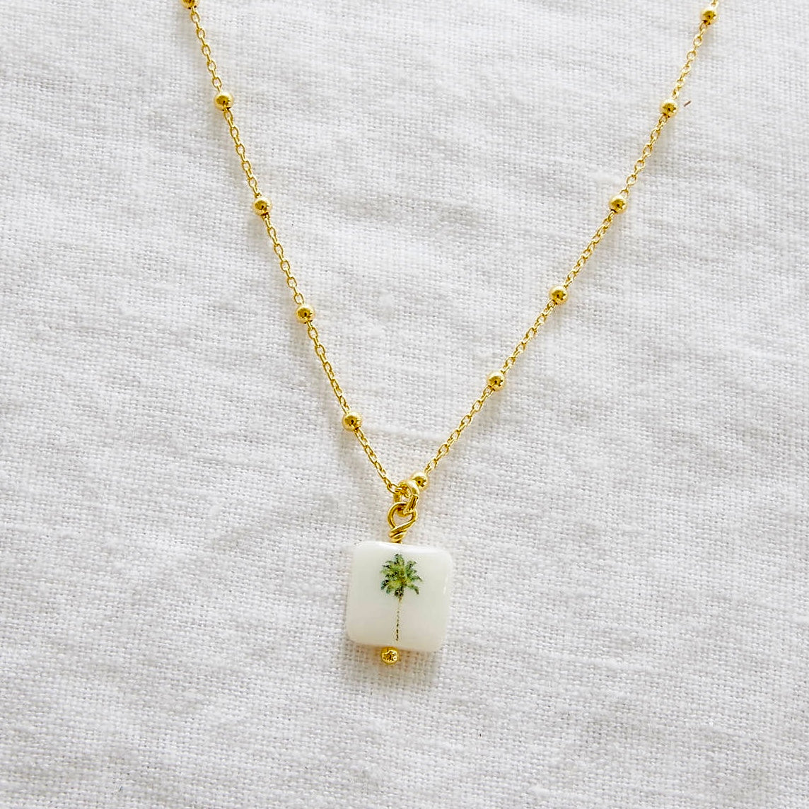 Palm Tree square on 24k Gold Plated ball chain