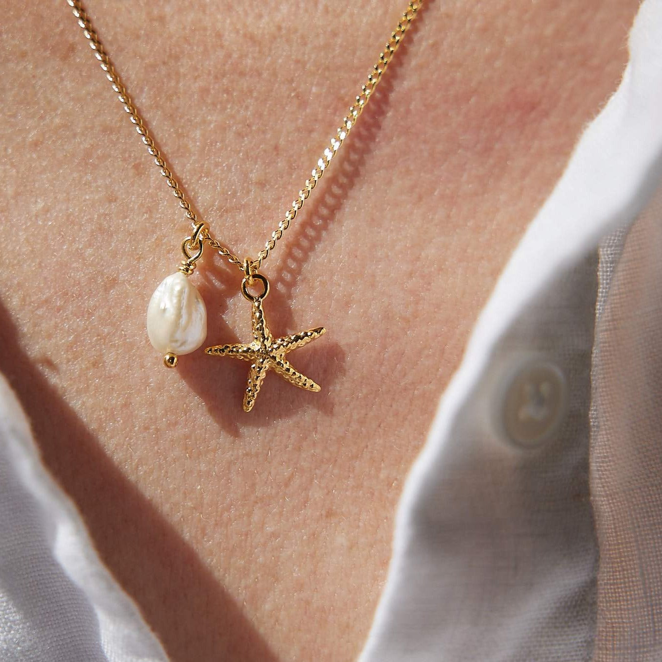 Starfish and freshwater pearl necklace 24k gold plated sterling silver